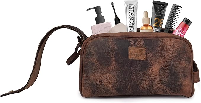 LEATHER VILLAGE Premium Leather Toiletry Travel Pouch With Waterproof Lining - Brown | King-Size Handcrafted Vintage Dopp Kit Bag