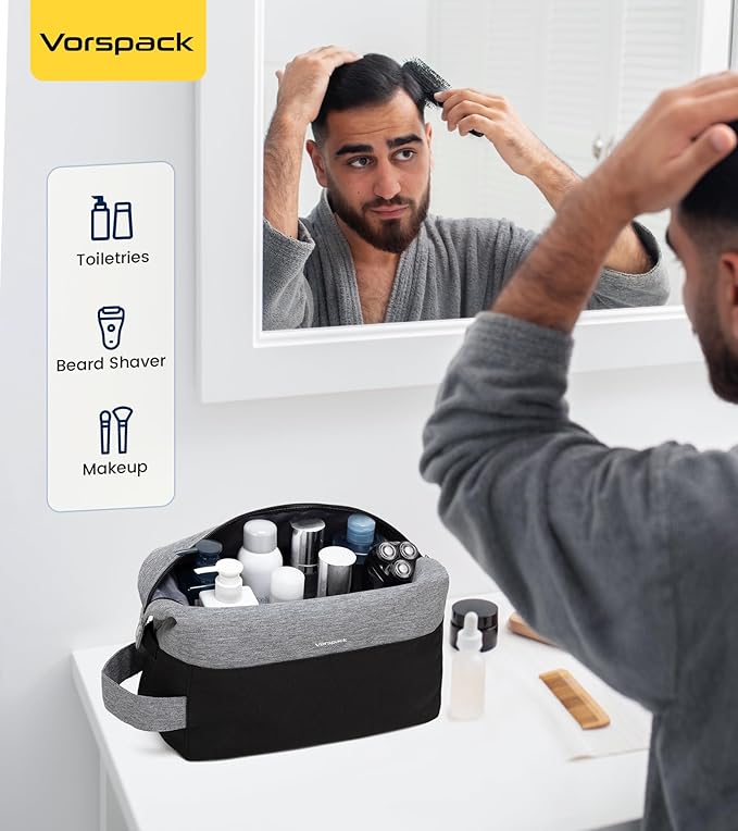 Vorspack Travel Toiletry Bag for Men - Large Mens Toiletry Travel Bag Water Resistant Dopp Kit Shaving Bag for Skincare Toiletries Bathroom Gifts - Black