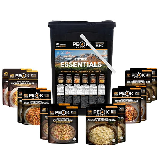 Peak Refuel Essentials Bucket | 100% Real Meat | Premium Freeze-Dried Meals for Backpacking, Camping & Survival | 24 Servings | MRE Emergency Food
