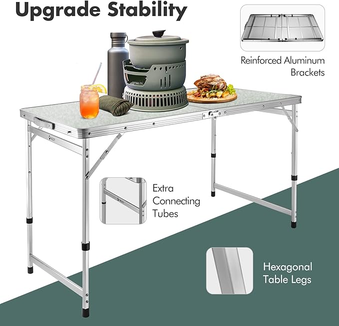VILLEY 4 Feet Folding Camping Table, Portable Lightweight Outdoor Table with Aluminum Adjustable Legs for Travel Picnic Cooking Beach