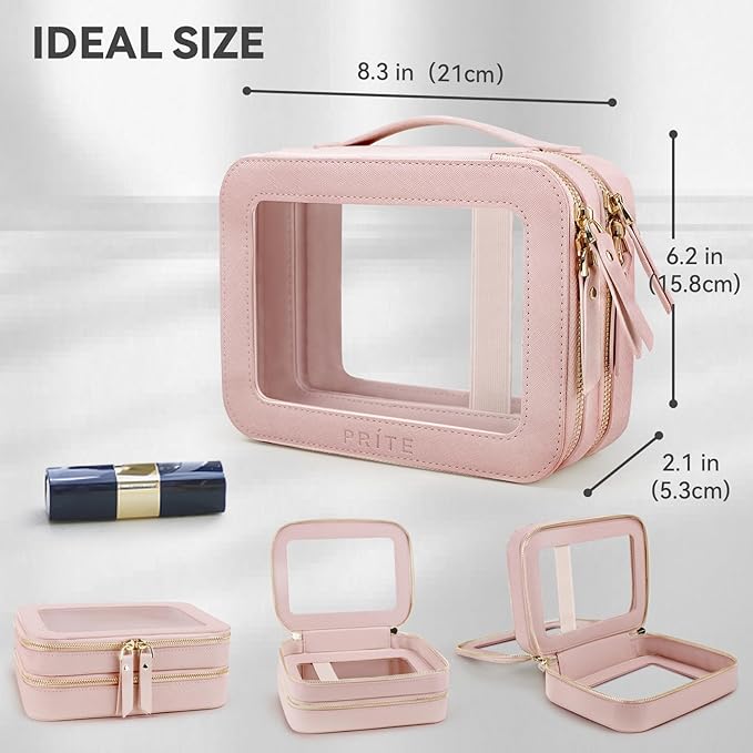 Prite Double Layer Makeup Bag for Women Portable Clear Makeup Bag Cute Waterproof Travel Cosmetic Bag with Gold Zipper for Car Essentials(Pearlescent Pink)