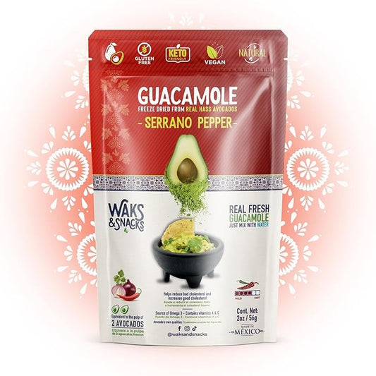 WAKS & SNACKS Freeze Dried Guacamole Serrano Pepper Mix | 100% Fresh Hass Avocados, Perfect for Chips | Energizes Camping & Hiking Meals | Vegan, Gluten-Free Guac Dip | 2 Avocados | 2 oz, 1 Pack
