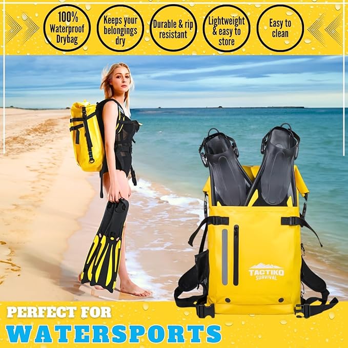Tactiko 30L Heavy-Duty 100% Waterproof Backpack - Dry Roll-Top Floating Backpack - Rip-Stop Tarpaulin - Comfortable Padded Shoulders & Back - Waist Strap - Large Utility Pocket, Carabiner (Yellow)