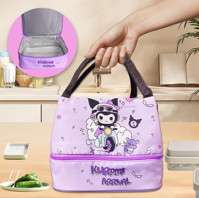Kawaii Insulated Lunch Bag for Women Men, Cute Reusable Large Capacity Lunch Box, Double Compartment Container Lunch Tote Bag, Thermal Cooler Bag Food Handbags for Work Travel (Purple)
