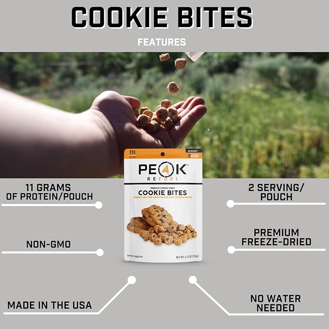Peak Refuel Cookie Bites 4-Pack | Freeze Dried Backpacking and Camping Food | Tasty Trail Treat | High Protein Snack Packs