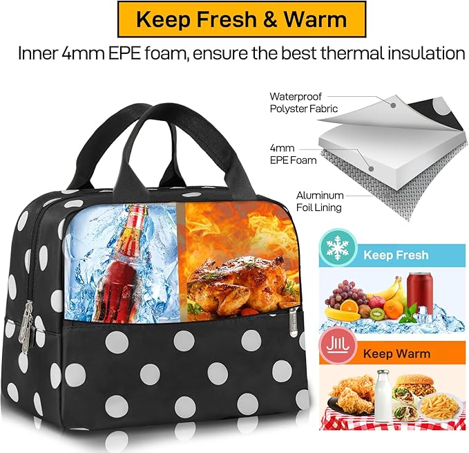 HOMESPON Insulated Lunch Bag for Women Men Lunch Box Cooler Lunch Tote for Work Picnic (Polka Dots)