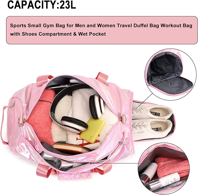 Gym Duffle Bag for Kids Girls Sports - Dance Cheerlead Overnight Weekender with Shoe Compartment - Pink