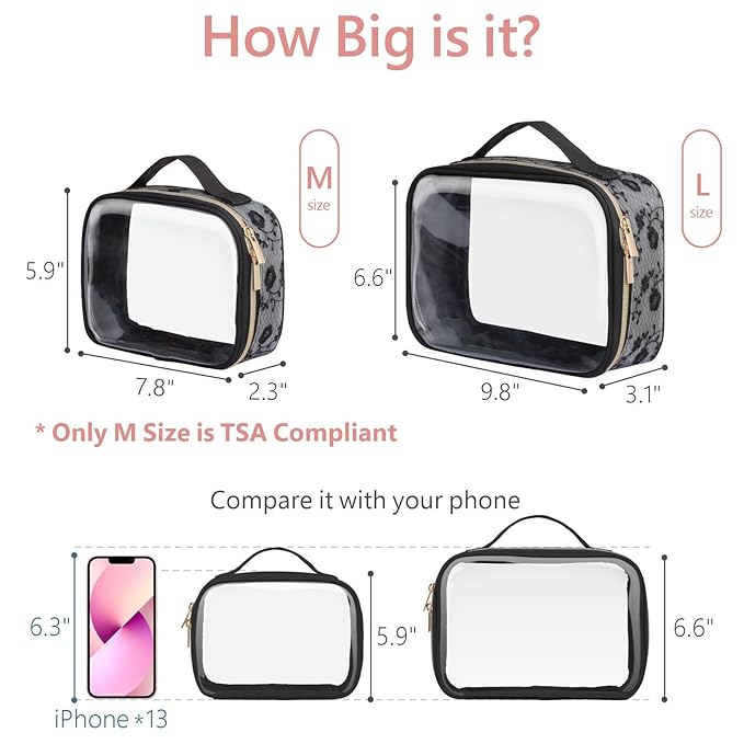 PACKISM Floral Texture Lace TSA Approved Toiletry Bag - 180° Large Opening Clear Makeup Bags in 2 Size, Clear Cosmetic Bags with Handle, 0.5 mm Thick Non-deformable No Smell, Black