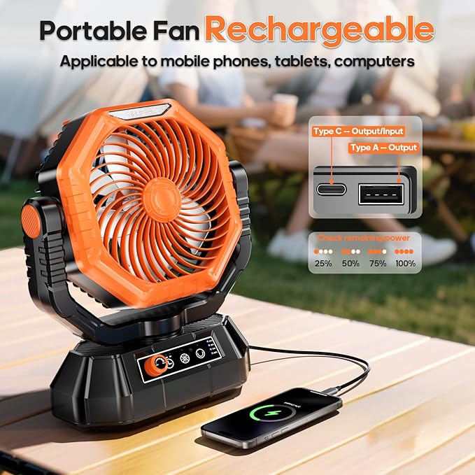 AJVV Camping Fan Rechargeable, Battery Powered Fan With Remote Controller, LED Light, Dual-Blade, Stepless Speed, 45°/90°/270° Swing,Timer, Portable fan For Travel Tent Bedroom Beach Fishing, Orange
