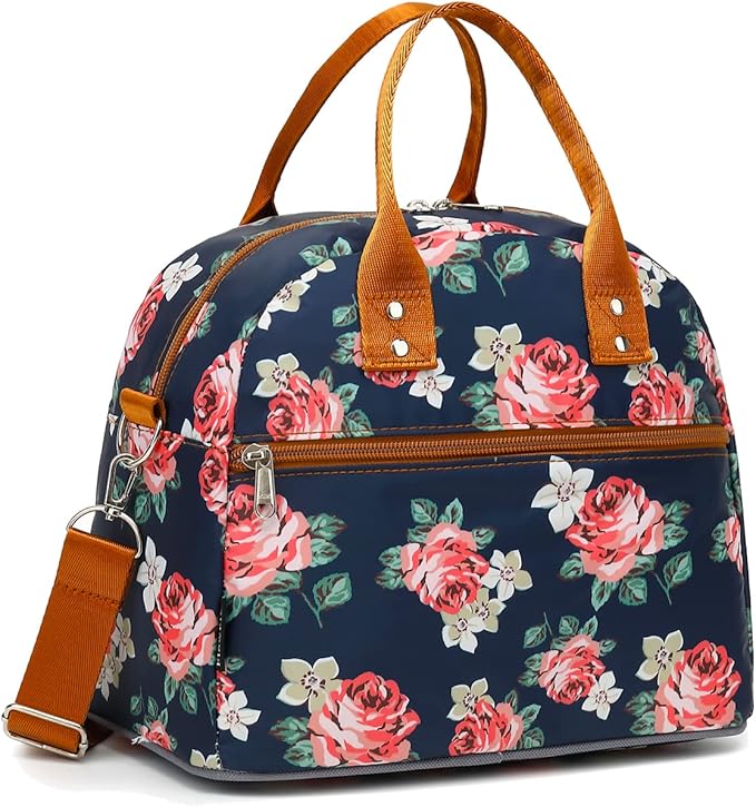 FlowFly Insulated Lunch Bag With Shoulder Strap for Women, Men, and Kids, Large and Reusable, Handle, Freezable Work and School Travel Tote and Meal Prep Organizer,Peony