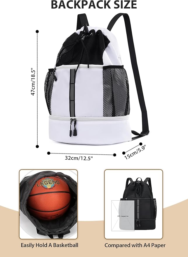 U.helper Waterproof Gym Drawstring Backpack, Sports Sack with Shoes Compartment & Wet Pockets for Ball/Beach/Swim Training (White)