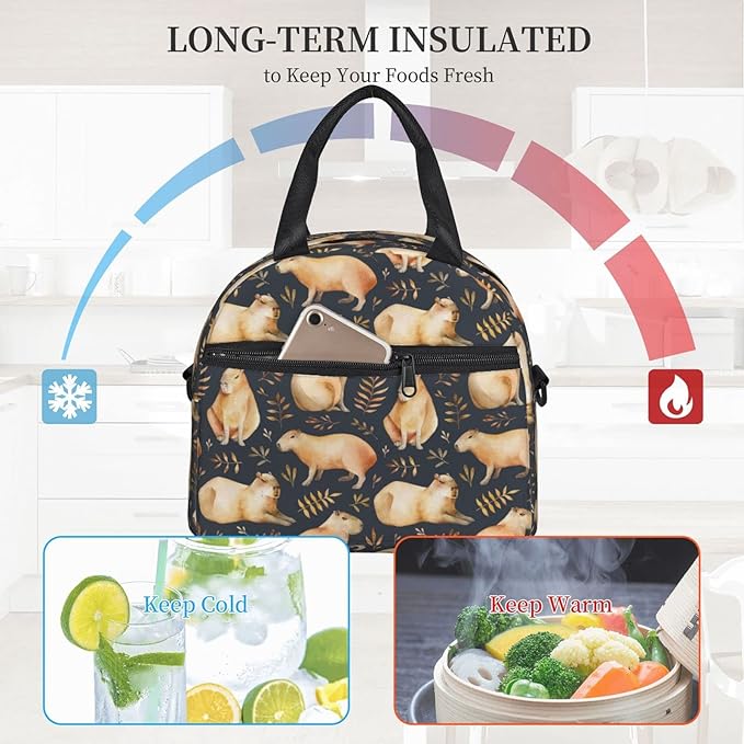 bassyil Capybaras Lunch Box Reusable Insulated Totes Lunch Bag Thermal Cooler Adjustable Shoulder Strap Bag for Men Women