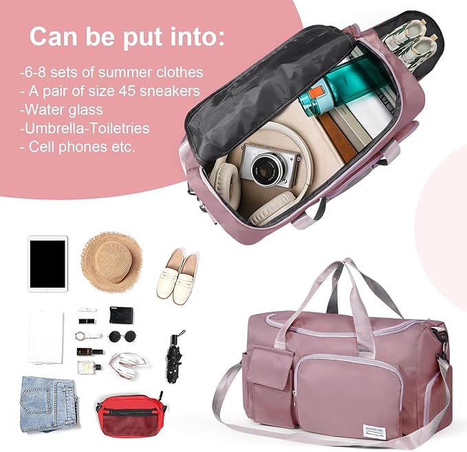 Travel Tote Bag for Women, Small Gym Bag with Wet Pocket Shoes Compartment Zipper Sport Bag for Dance Swim Overnight Pink