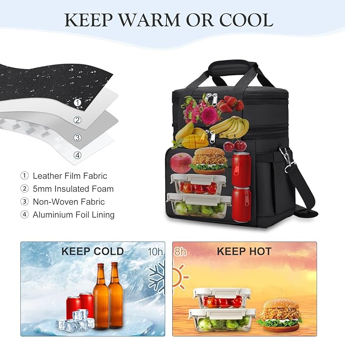 Insulated Lunch Box for Women - Reusable Modern Double Deck Lunch Bag Adults Expandable Heavy Duty Lunch Cooler Tote for Work Office Picnic,Black