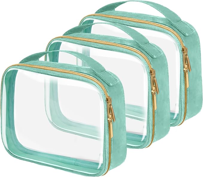 TSA Approved Travel Toiletry Bag,3 Pack Clear Makeup Bags with Handles,Quart Size Clear Cosmetic Bags for Traveling Women,Men,Carry on Airport Airline Compliant Bag,Green