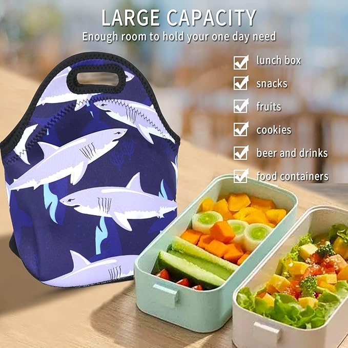 Violet Mist Blue Neoprene Lunch Bag Tote Shark Large Insulated Lunch Containers Waterproof Soft Thermal Lunch Box for Men Women Washable Cartoon Reusable Bento Bag for Adult Picnic Work Travel, Shark1