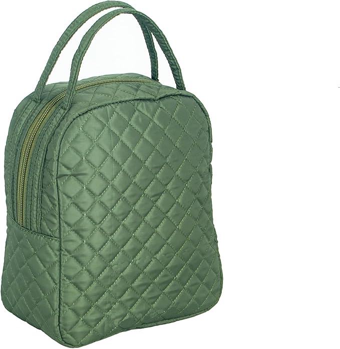 Machine Washable Women Quilted Fabric Insulated Reusable Cooler Lunch Bag Tote Adult Thermal Lunch Box Storage Bag for Ｗork (Green)