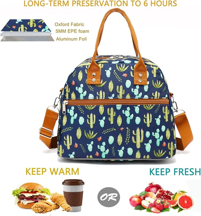 FlowFly Insulated Lunch Bag With Shoulder Strap for Women, Men, and Kids, Large and Reusable, Handle, Freezable Work and School Travel Tote and Meal Prep Organizer,Cactus