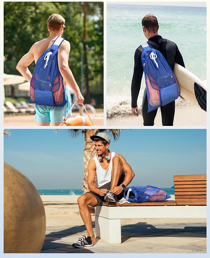 WANDF Swim Bag Foldable Mesh Drawstring Bag with Quick-dry Shoulder Strap Beach Backpack with Wet Pocket for Swimming, Gym, and Workout Gear (Blue Patent Pending)