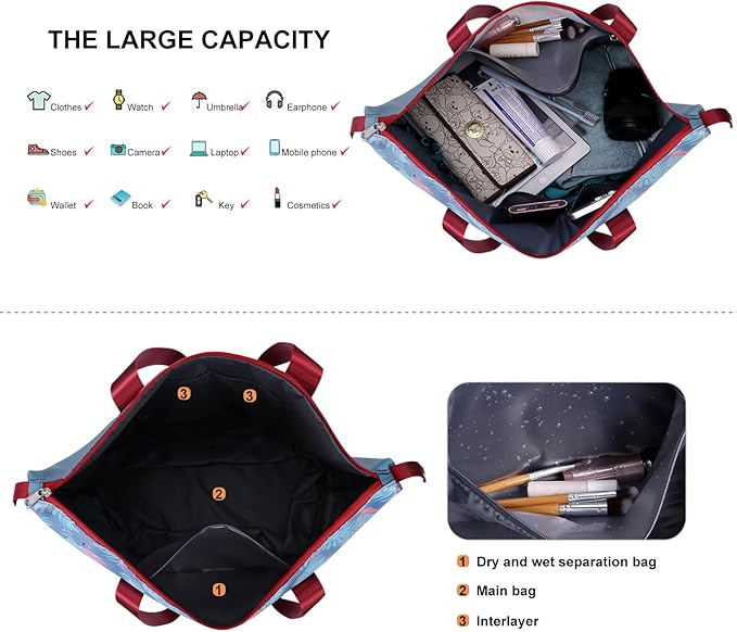 Womens Travel Duffel Bag Lightweight Sport Gym Bag Waterproof Weekender Overnight Bag with Wet and Dry Separation Pocket for Gym Training Yoga Fitness Swimming