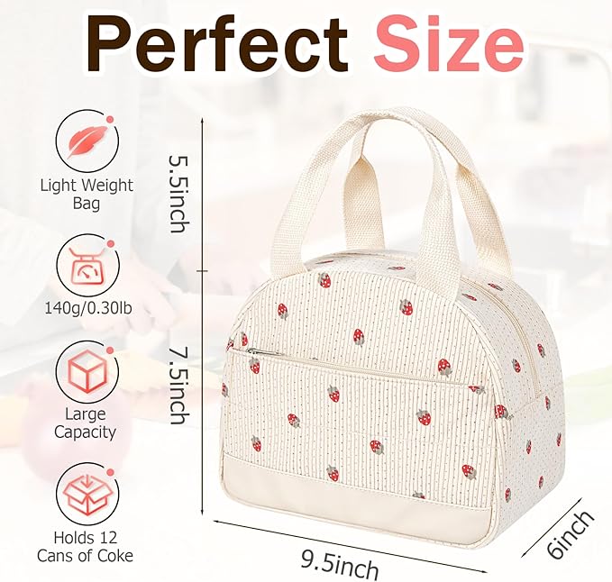 Lunch Box Lunch Bag for Women Men, Leakproof, Insulated Lunch Box Tote with Large Capacity, Lunch Container for Work/Office (Corduroy Strawberry)