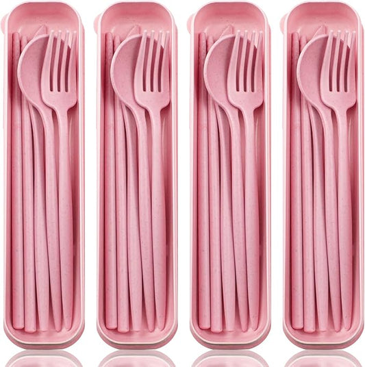 ELANE 4 Sets Reusable Travel Utensils Set with Case,Camping Cutlery Set Reusable Cutlery Set with Case,Utensil Sets for Lunch Picnic Daily Use Outdoor (pink)
