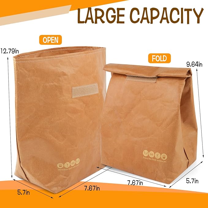 2 Pcs Insulated Brown Paper Lunch Bags, Reusable Lunch Bag Large Retro Sacks Thermal Insulation Food Storage Handbag with Velcro for Adults Office Work Picnic Travel Snacks - 7.8"L x 5.9"W x 11.8"