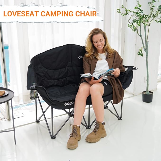 KingCamp Double Camping Chair, Oversized Heavy Duty Loveseat for Adults Portable Folding XL 2 Person Couch Padded Comfortable Two Seat with Cup Holder for Outdoor Lawn Backyard