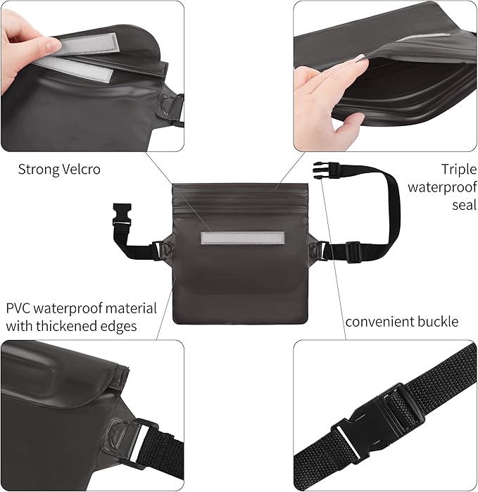 2-Pack Waterproof Pouch with Adjustable Waist Strap, Waterproof Dry Bag, Keeps Cell Phones and Valuables Safe and Dry, Perfect for Kayaking, Beach, Camping and Swimming (Black)