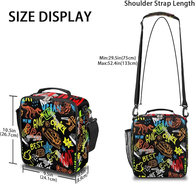 cfpolar Dinosaur Lunch Box for Boys Game Insulated Lunch Bags Reusable Mini Cooler Lunch Tote Mens Lunchbox Thermal Meal Tote Kit with Shoulder Strap for Work School Picnic