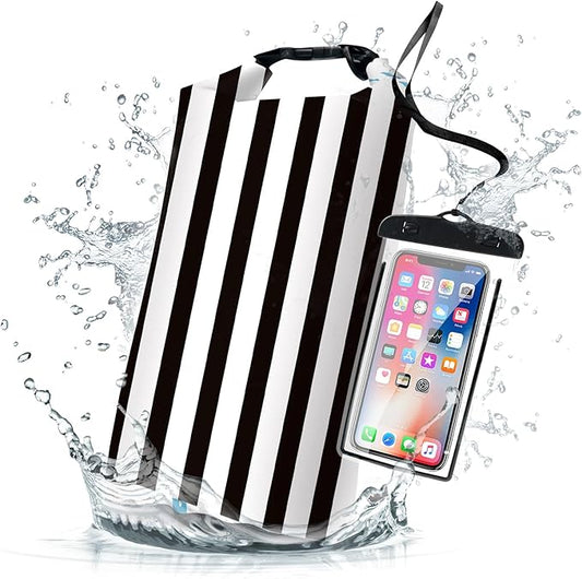Waterproof Dry Bag,Roll Top Black and White Stripes Waterproof Backpack 5L/10L/20L Floating and Lightweight Bags for Kayaking, Boating, Fishing, Swimming and Camping with Waterproof Phone Case
