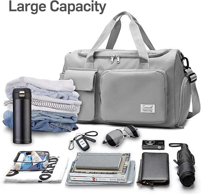 Sports Gym Duffel Bag with Shoes Compartment and Dry Wet Separated Pocket for Men and Women - Overnight Weekender Training Handbag Yoga Bag - Gray