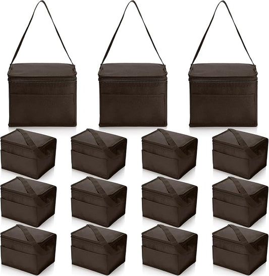 Nuogo 15 Pack Insulated Lunch Bags Bulk, Reusable Cooler Boxes, Leakproof Lunch Boxes Set, Waterproof Thermal Coolers, Insulated Beverage Bag for Women Men Work School Picnic Beach(Brown)