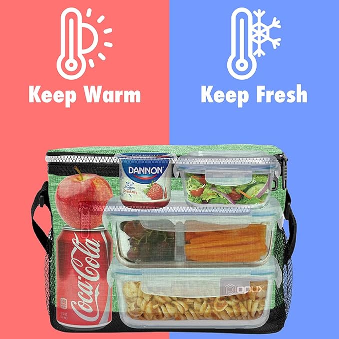 opux Insulated Lunch Box Men Women, Lunch Bag for Work School, Leakproof Soft Cooler Tote Adult, Large Lunch Pail Kids Boys Girls, Picnic Beach Food Bag with Shoulder Strap, Heather Green