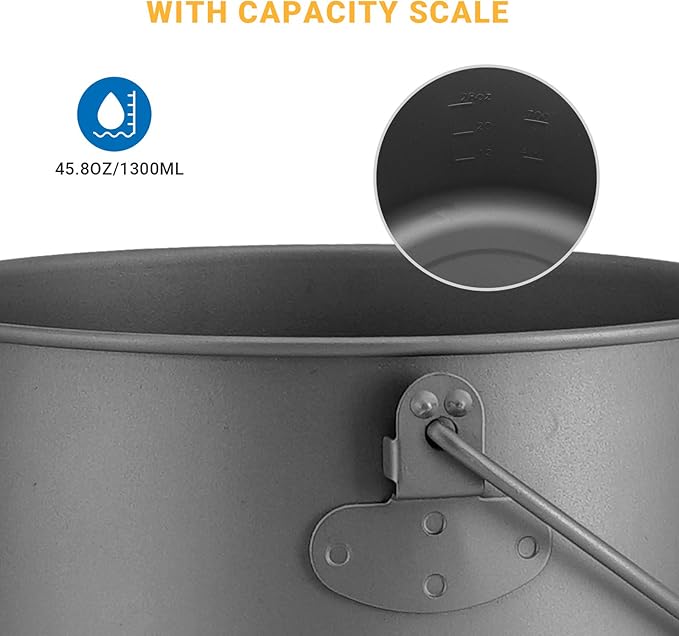 COOK'N'ESCAPE Titanium Camping Cooking Pot, Camping Cookware Set with Folding Handle,Compact Frying Pan Open Over Fire Cooking for Outdoor Backpacking Hiking Picnic