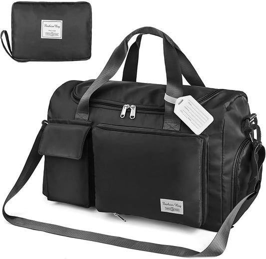 Travel Duffel Bag, Foldable Gym Bag with Luggage Tag, Large Capacity Weekend Overnight Bags with Wet and Dry Separation Bag, Waterproof Sports Tote Bag, for Travel, Sports, Gym (Black)