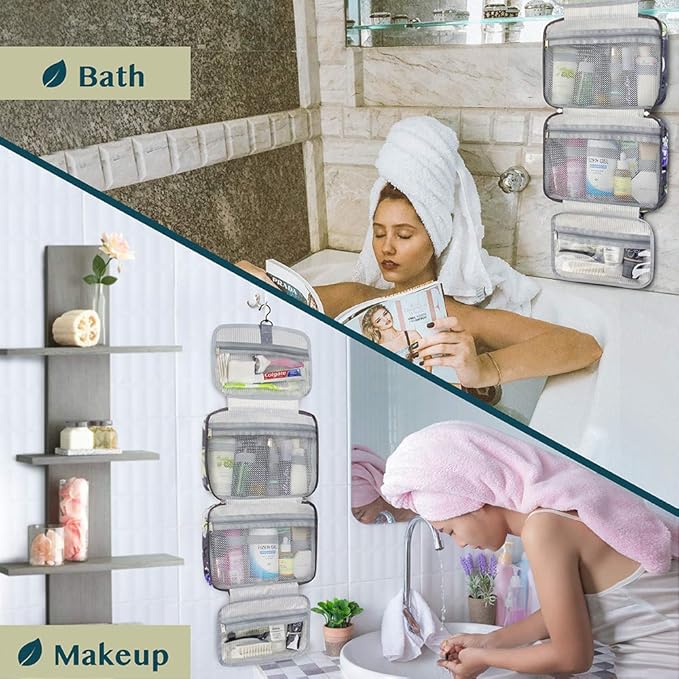 PAVILIA Hanging Toiletry Bag Travel Bag Women Men, Foldable Cosmetic Organizer, Roll up Makeup Bag, Water Resistant Accessories Toiletries, Large Travel Essentials Kit (Grey Floral)