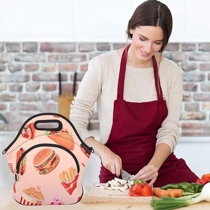 Violet Mist Neoprene Thermal Insulated Lunch Bag Tote Large with Extra Pocket Detachable Adjustable Shoulder Lunchbox Handbags Women men, Hamburger