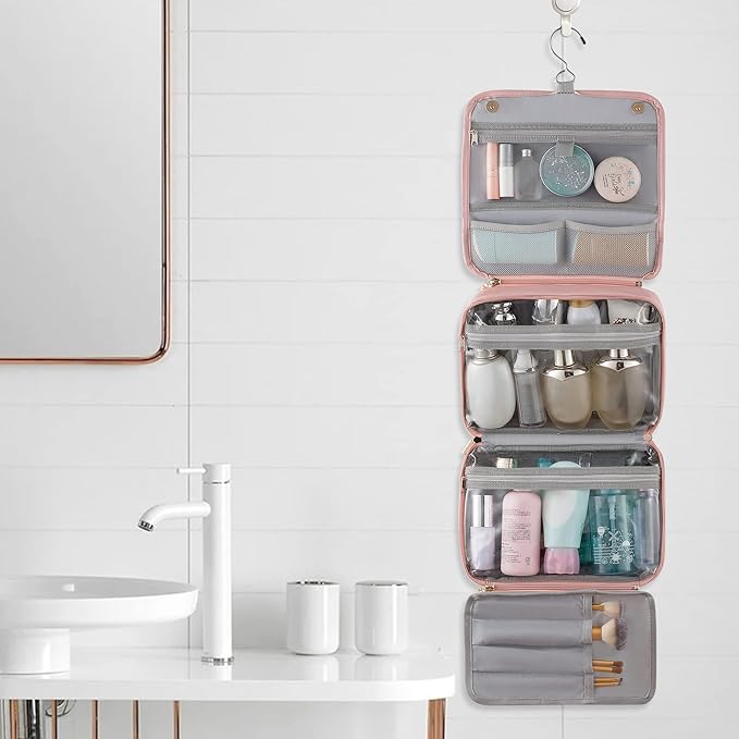 Elviros Hanging Travel Toiletry Bag for Women, 3-in-1 Large Makeup Bag and Cosmetic Organizer, Vegan Leather Waterproof Skincare Case for Travel Size Toiletries and Accessories