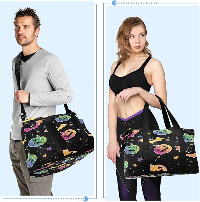 Pumpkins and Bats Travel Duffel Bag Waterproof Gym Sport Tote Bag Carry On Weekender Bag with Compartment