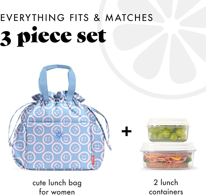 Fit & Fresh Lunch Bag For Women, Insulated Womens Lunch Bag For Work, Stain-Resistant Large Lunch Box For Women With Containers, Cinch Closure Cromwell Bag, All Smiles Bubble Gum