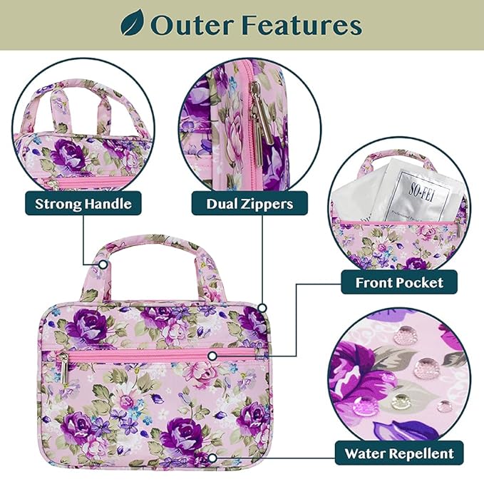PAVILIA Hanging Toiletry Bag Travel Bag Women Men, Foldable Cosmetic Organizer, Roll up Makeup Bag, Water Resistant Accessories Toiletries, Large Travel Essentials Kit (Purple Floral)
