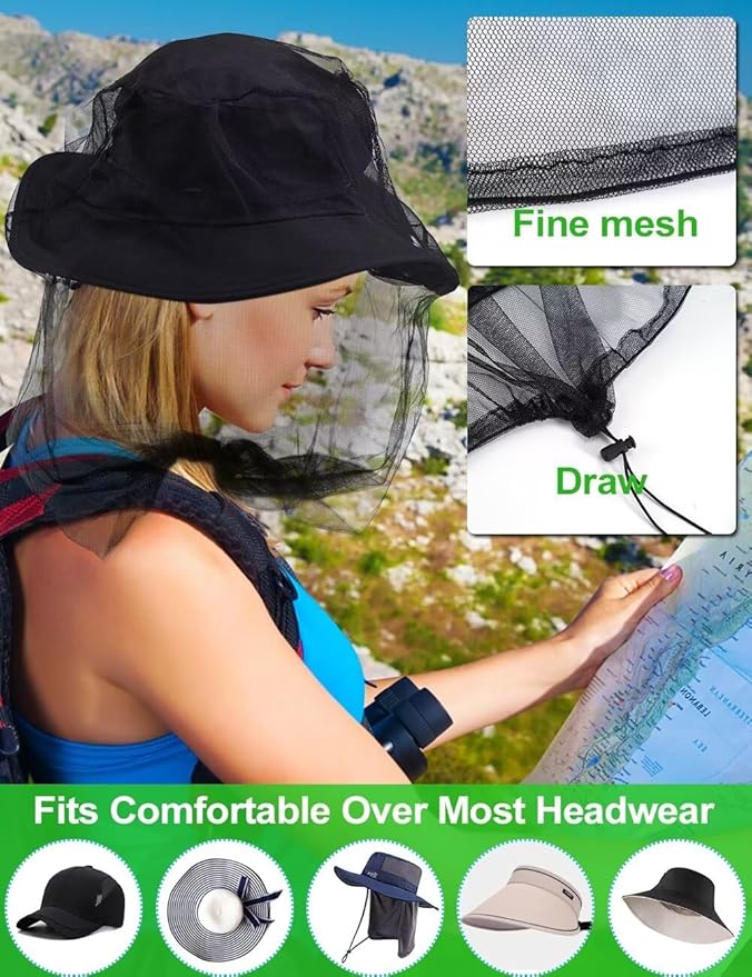 wohohoho Mosquito Head Net Mesh with Drawstring, Bug Face Netting for Hats, Mesh Face Shield for Men & Women Screen Net for Any Outdoor Lover Midges, Bugs & Gnats (4 Packs, Black Colors, Updated Size)