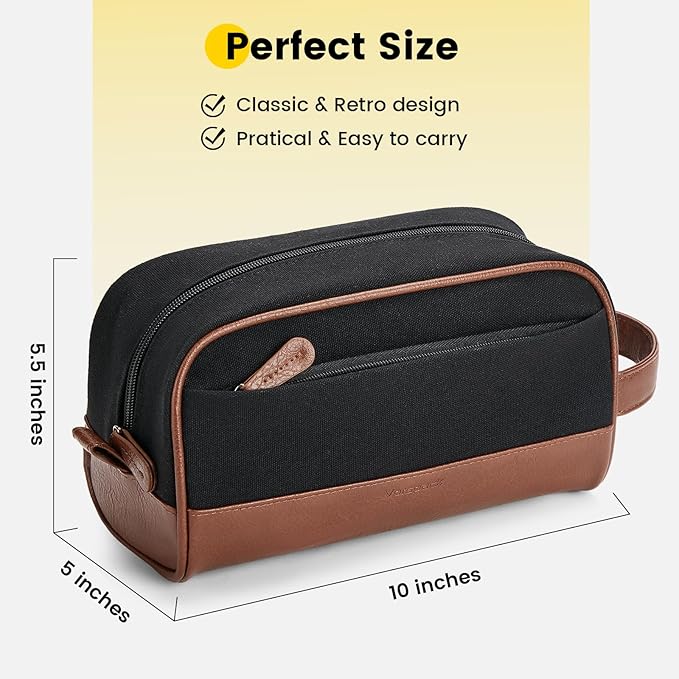 Vorspack Travel Toiletry Bag - Canvas Toiletry Bag for Men Water Resistant Skincare Bag Dopp Kit for Bathroom Toiletries Accessories Gifts - Black