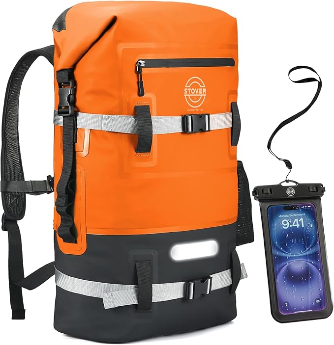 STOVER 5/10/25/30/40/55L Waterproof Dry Backpack & Phone Case- Large Floating Dry Bag for Kayaking, Travel, Hiking, Fishing, Camping, Motorcycles & Beach, Heavy-Duty Roll Top Men/Women (Orange)