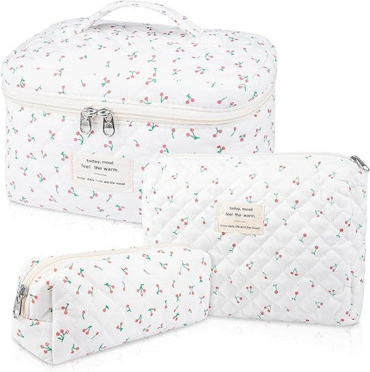 Large Makeup Bag Set, Quilted Makeup Bag, Floral Cosmetic Bag for Women, Cute Cotton Makeup Bags, Flower Travel Toiletry Organizer Bag (white)