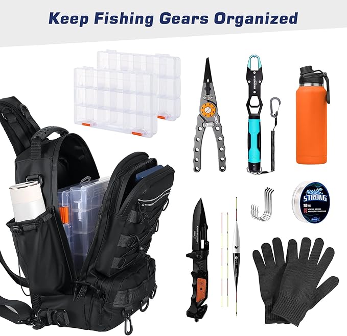 MoKo Fishing Backpack Sling Bag with Rod & Gear Holder, Nylon Waterproof Fishing Tackle Storage Bag for Fishing