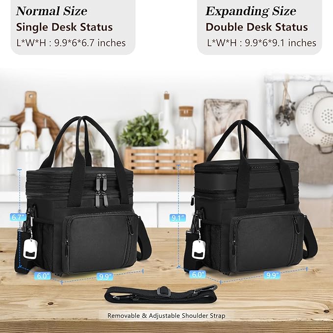 Lunch Box & Lunch Bag for Men Women, Large Insulated Adult Lunch Box, Leakproof Cooler Lunchbox with Bottle Opener for Work Picnic Beach, 16L, Black
