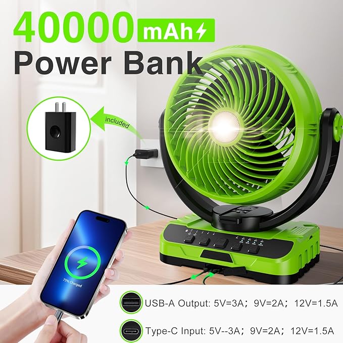 Camping Fan 40000mAh Rechargeable tent fans for camping hanging High Velocity Floor Fan Auto Oscillation Remote Control Timer Cordless Outdoor Fan for Car Travel RV Camp Hurricane Emergency
