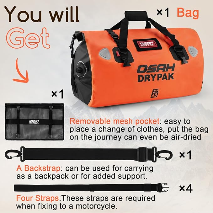 Waterproof Duffel Bag - Motorcycle Dry Bag Tail Bag with Large Storage Space, Waterproof Luggage Duffle Bags with Outer Mesh Zipper Pocket for Camping, Kayaking, Fishing & Traveling